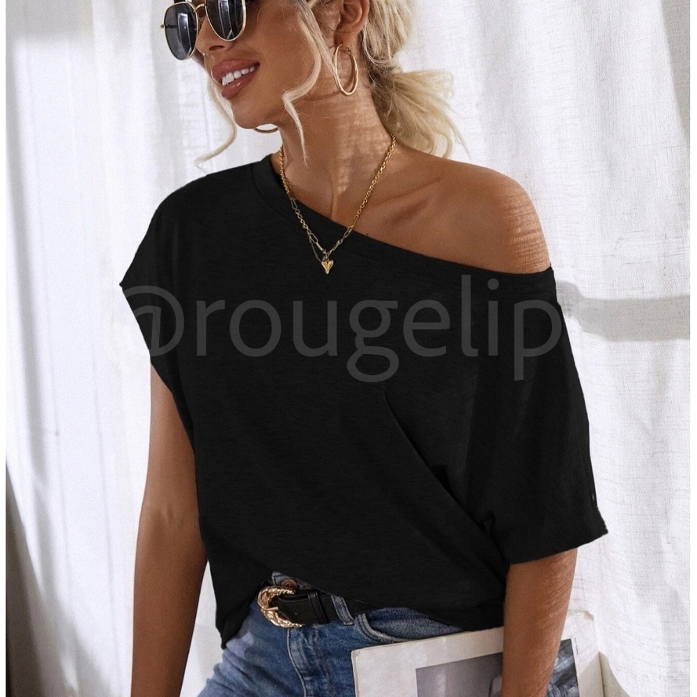 Boat Neck Batwing Sleeve Black Tee Shirt Short Sleeve
